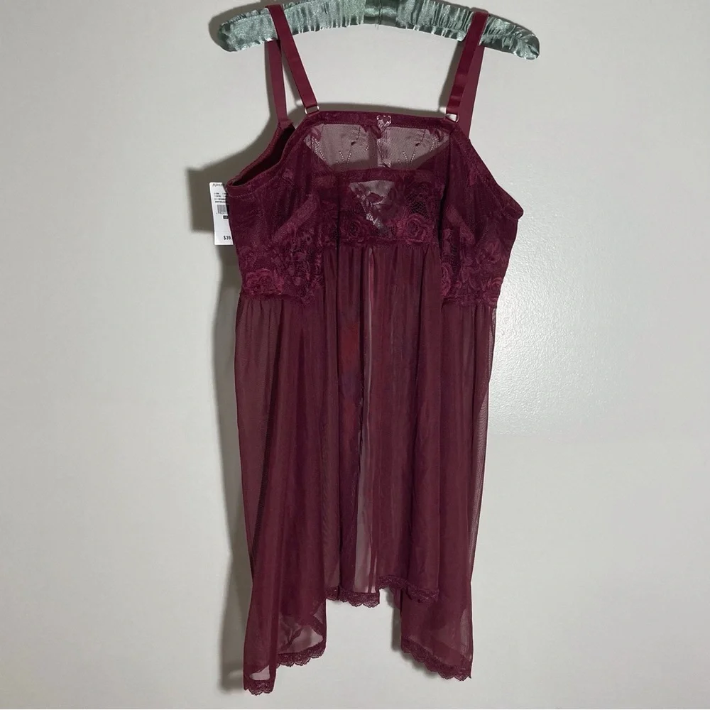 Ashley Stewart Burgundy Lace Bra Chemise - Picture 2 of 12